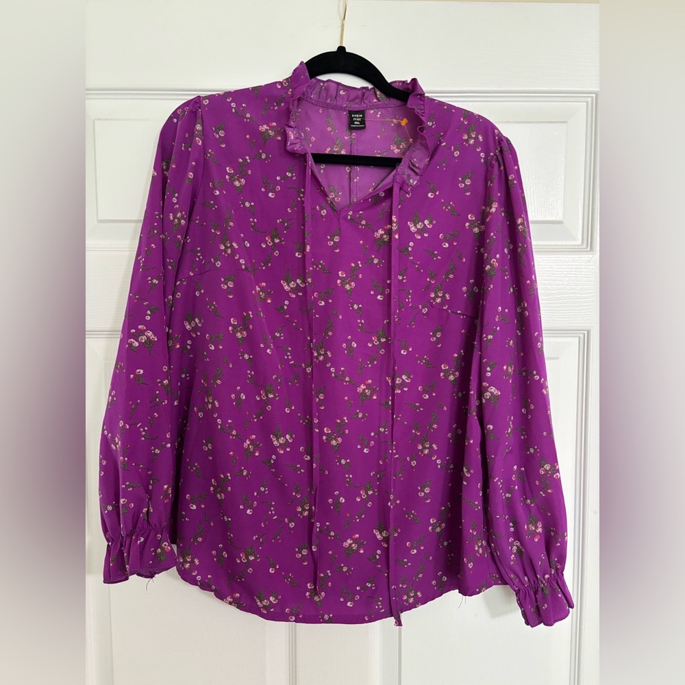 SHEIN Purple Floral Ruffle-Neck Long-Sleeve Blouse